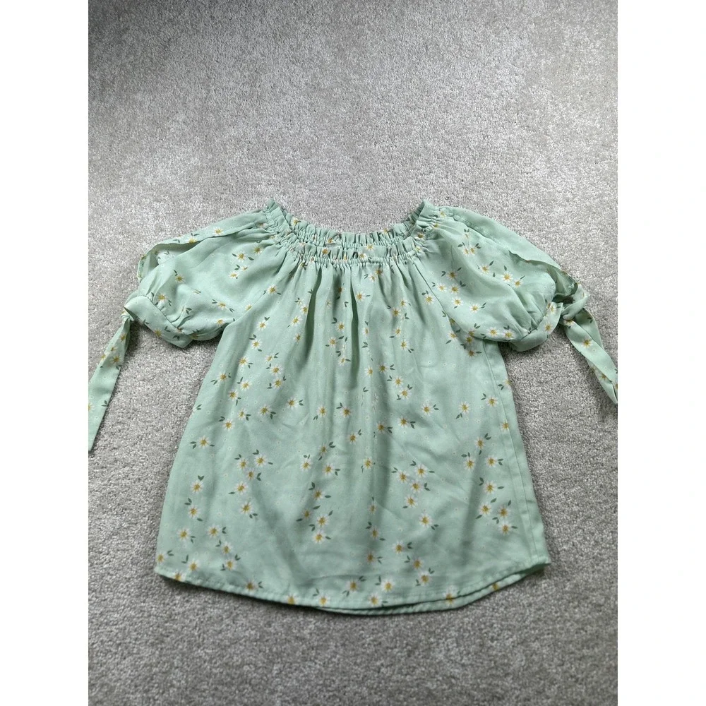 Hearth & Arrow Shirt Girls 10/12‎ Green Floral Puff Sleeve Tie Peasant Top Cute